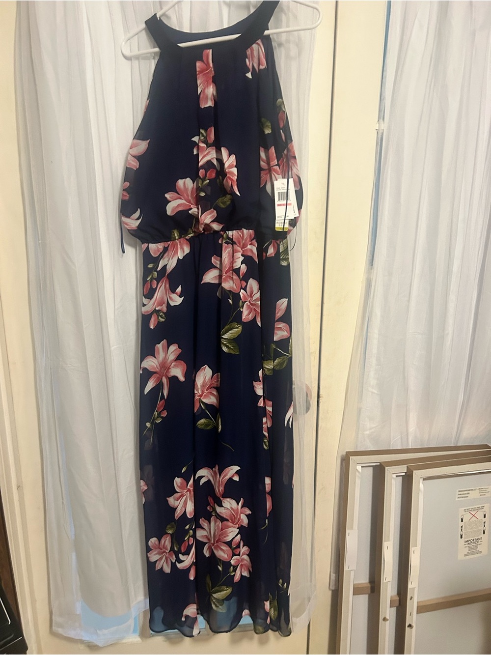 Robbie Bee Navy Maxi Dress with Pink Floral Print